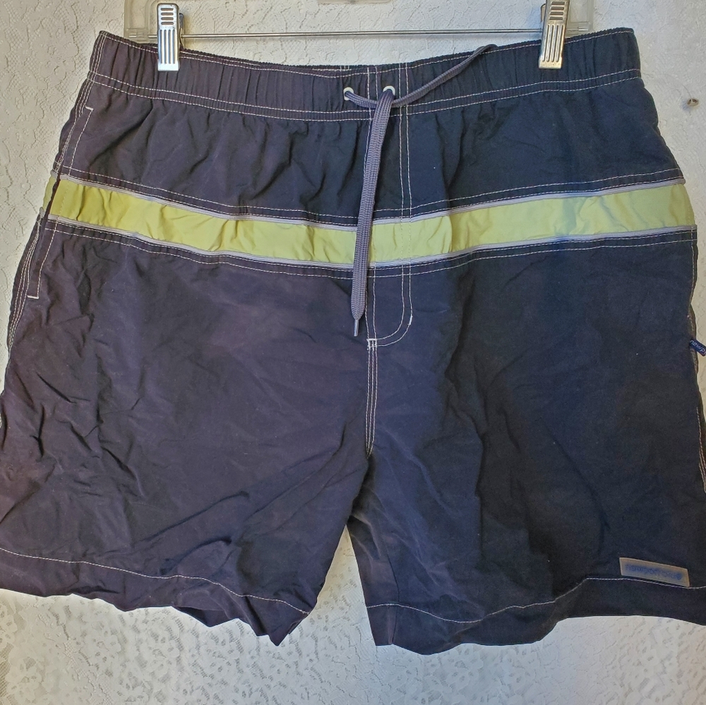 Men's black swim suit, yellow stripe band, never worn, Newport blue